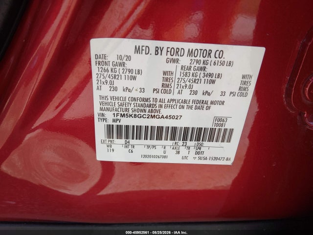 Продаж на аукціоні авто 2021 Ford Explorer St, vin: 1FM5K8GC2MGA45027, номер лоту: 45952561