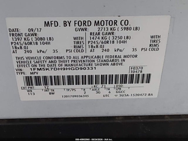 Ford EXPLORER XLT 2017 1FM5K7DH9HGD90331 Image 9