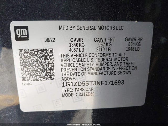Продаж на аукціоні авто 2022 Chevrolet Malibu Fwd Lt, vin: 1G1ZD5ST3NF171693, номер лоту: 45952579