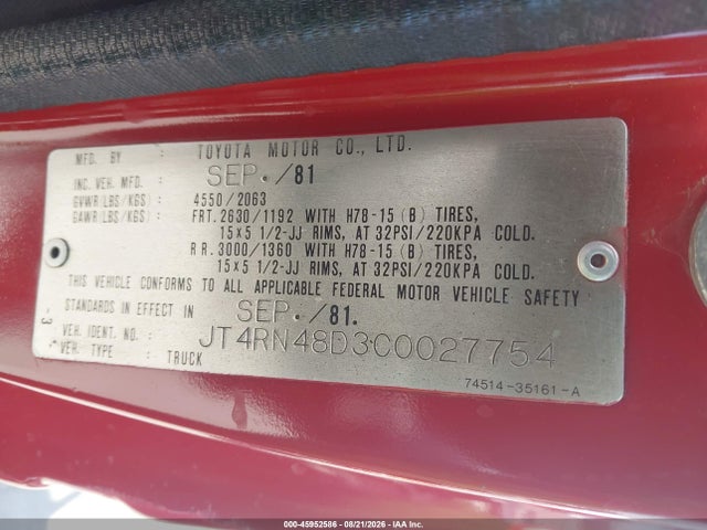 45952586 :رقم المزاد ، JT4RN48D3C0027754 vin ، 1982 Toyota Pickup Rn48 مزاد بيع