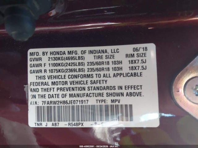 45952591 :رقم المزاد ، 7FARW2H86JE071917 vin ، 2018 Honda Cr-v Ex-l/ex-l Navi مزاد بيع