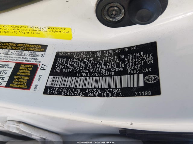 45952595 :رقم المزاد ، 4T1BF1FK7EU753378 vin ، 2014 Toyota Camry Se مزاد بيع