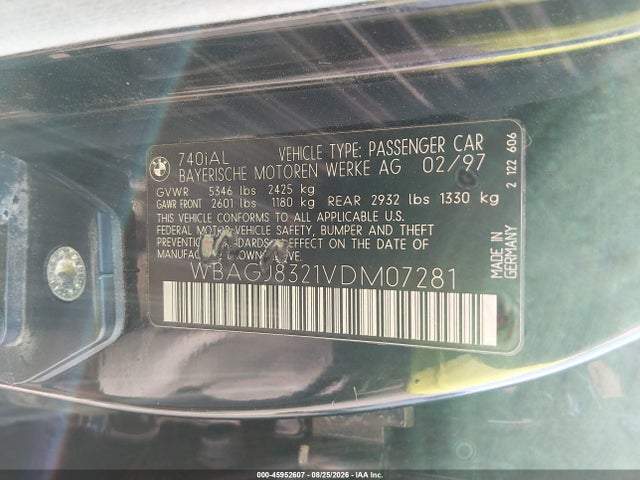 45952607 :رقم المزاد ، WBAGJ8321VDM07281 vin ، 1997 Bmw 740il مزاد بيع