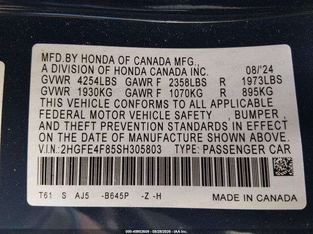 Aukcja sprzedaży 2025 Honda Civic Hybrid Sport/sport Touring, vin: 2HGFE4F85SH305803, numer aukcji: 45952609