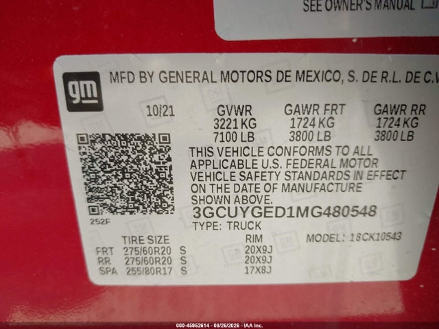 Aukcja sprzedaży 2021 Chevrolet Silverado 1500 4wd  Short Bed Ltz, vin: 3GCUYGED1MG480548, numer aukcji: 45952614