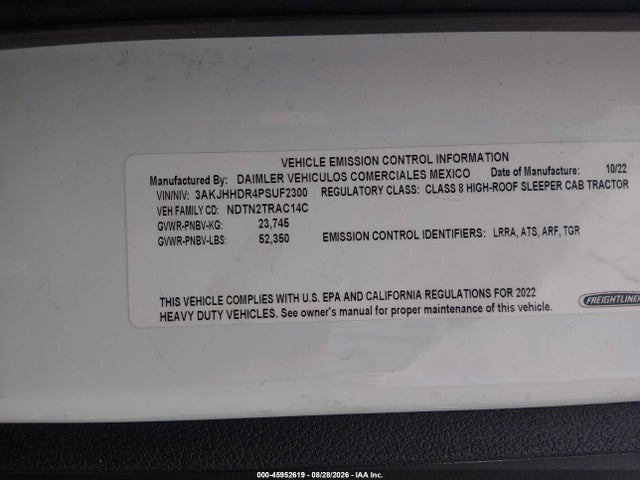 Продаж на аукціоні авто 2023 Freightliner New Cascadia 126, vin: 3AKJHHDR4PSUF2300, номер лоту: 45952619