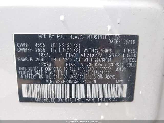 Aukcja sprzedaży 2016 Subaru Outback 2.5i Limited, vin: 4S4BSBNC5G3347569, numer aukcji: 45952625