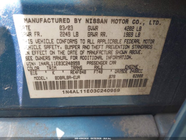 Продажа на аукционе авто 2003 Nissan Altima S/sl, vin: 1N4AL11E03C240959, номер лота: 45952635