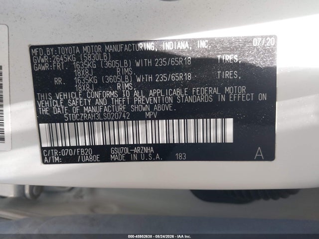 45952638 :رقم المزاد ، 5TDCZRAH3LS020742 vin ، 2020 Toyota Highlander L مزاد بيع