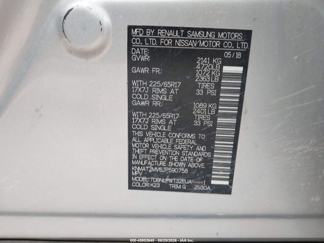 45952640 :رقم المزاد ، KNMAT2MV6JP590758 vin ، 2018 Nissan Rogue S مزاد بيع