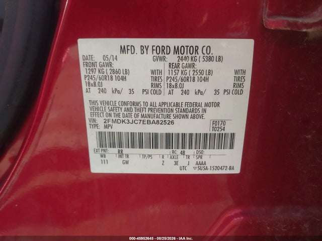 2014 Ford Edge Sel მანქანა იყიდება აუქციონზე, vin: 2FMDK3JC7EBA82526, აუქციონის ნომერი: 45952645
