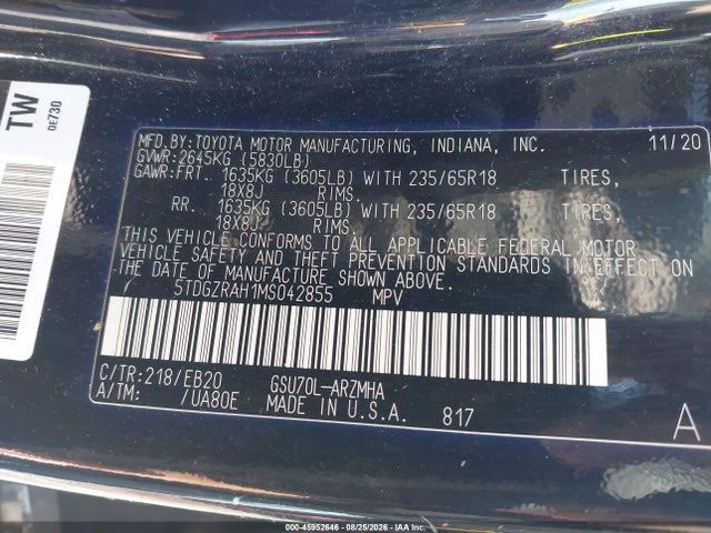 Продажа на аукционе авто 2021 Toyota Highlander Xle, vin: 5TDGZRAH1MS042855, номер лота: 45952646