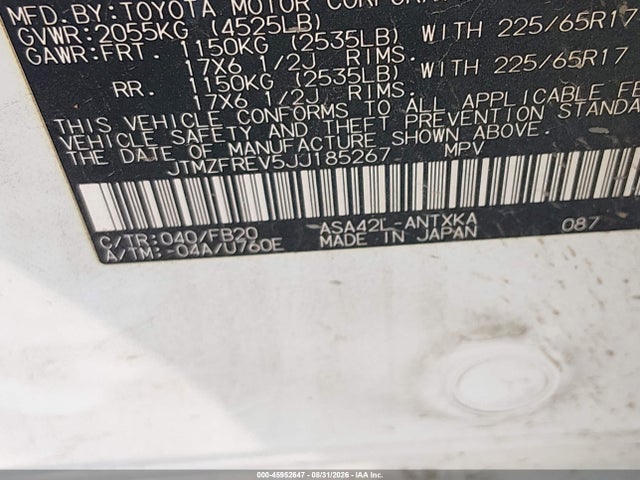 45952647 :رقم المزاد ، JTMZFREV5JJ185267 vin ، 2018 Toyota Rav4 Le مزاد بيع