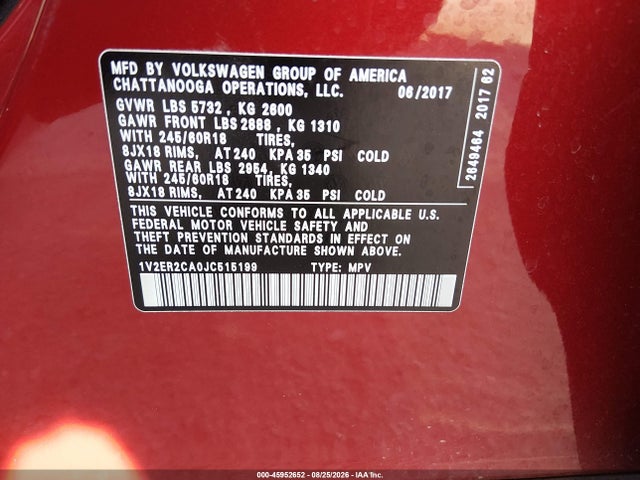2018 Volkswagen Atlas 3.6l V6 Sel მანქანა იყიდება აუქციონზე, vin: 1V2ER2CA0JC515199, აუქციონის ნომერი: 45952652