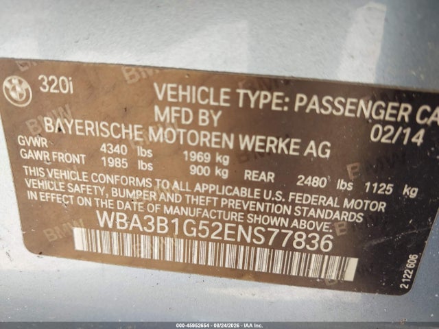 2014 Bmw 320i მანქანა იყიდება აუქციონზე, vin: WBA3B1G52ENS77836, აუქციონის ნომერი: 45952654