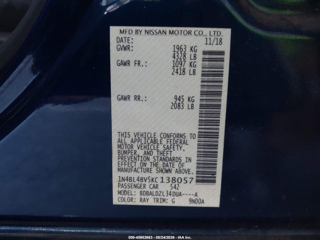 Aukcja sprzedaży 2019 Nissan Altima 2.5 S, vin: 1N4BL4BV5KC138057, numer aukcji: 45952663