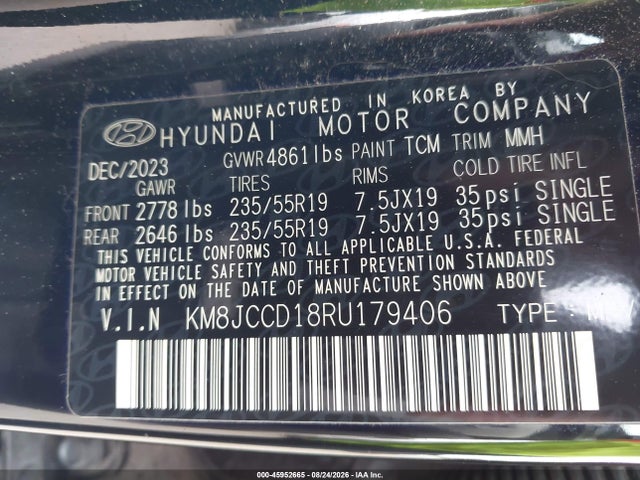 45952665 :رقم المزاد ، KM8JCCD18RU179406 vin ، 2024 Hyundai Tucson Hybrid Sel Convenience مزاد بيع
