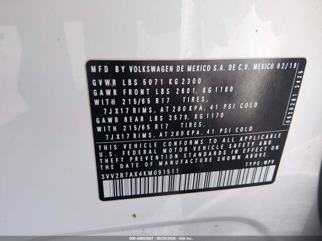 45952667 :رقم المزاد ، 3VV2B7AX4KM091511 vin ، 2019 Volkswagen Tiguan 2.0t Se/2.0t Sel/2.0t Sel R-line/2.0t Sel R-line Black مزاد بيع