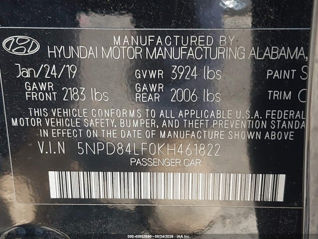 Aukcja sprzedaży 2019 Hyundai Elantra Sel, vin: 5NPD84LF0KH461822, numer aukcji: 45952690
