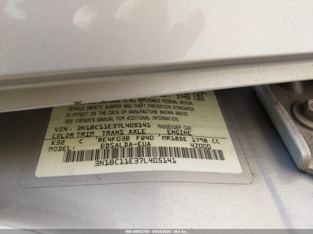 2007 Nissan Versa 1.8s მანქანა იყიდება აუქციონზე, vin: 3N1BC11E37L405141, აუქციონის ნომერი: 45952700