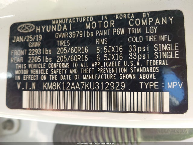 Aukcja sprzedaży 2019 Hyundai Kona Se, vin: KM8K12AA7KU312929, numer aukcji: 45952708