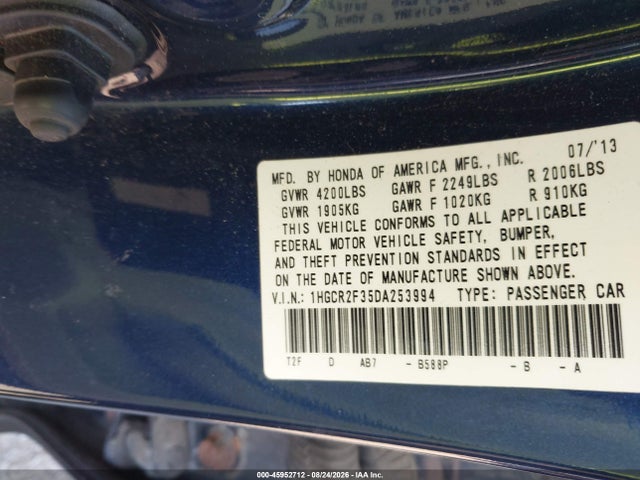 Продажа на аукционе авто 2013 Honda Accord Lx, vin: 1HGCR2F35DA253994, номер лота: 45952712