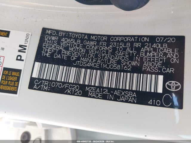 Aukcja sprzedaży 2021 Toyota Corolla Se, vin: JTDS4MCE1MJ058162, numer aukcji: 45952720
