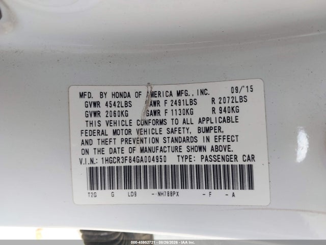 45952721 :رقم المزاد ، 1HGCR3F84GA004950 vin ، 2016 Honda Accord Ex-l V-6 مزاد بيع