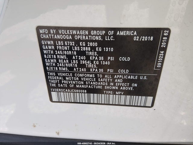 45952743 :رقم المزاد ، 1V2ER2CA9JC560058 vin ، 2018 Volkswagen Atlas 3.6l V6 Sel مزاد بيع