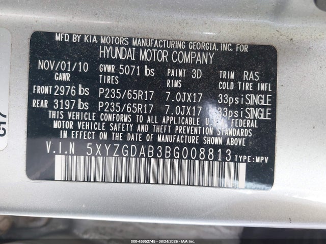2011 Hyundai Santa Fe Gls მანქანა იყიდება აუქციონზე, vin: 5XYZGDAB3BG008813, აუქციონის ნომერი: 45952745