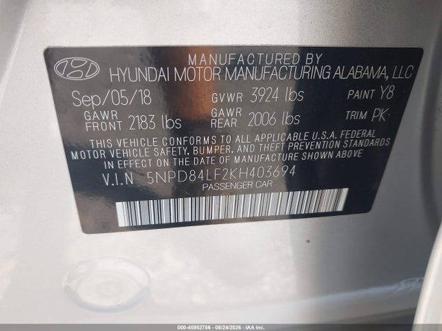 5NPD84LF2KH403694 Hyundai ELANTRA SEL