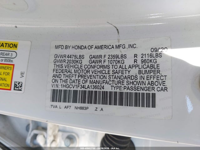 Продаж на аукціоні авто 2020 Honda Accord Sport, vin: 1HGCV1F34LA136024, номер лоту: 45952758