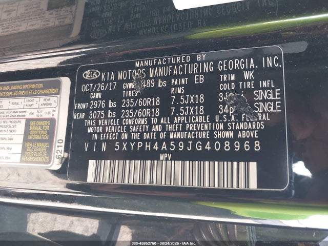 2018 Kia Sorento 3.3l Ex მანქანა იყიდება აუქციონზე, vin: 5XYPH4A59JG408968, აუქციონის ნომერი: 45952760