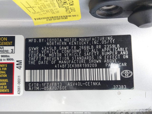 45952768 :رقم المزاد ، 4T4BF3EK9BR199209 vin ، 2011 Toyota Camry Le مزاد بيع