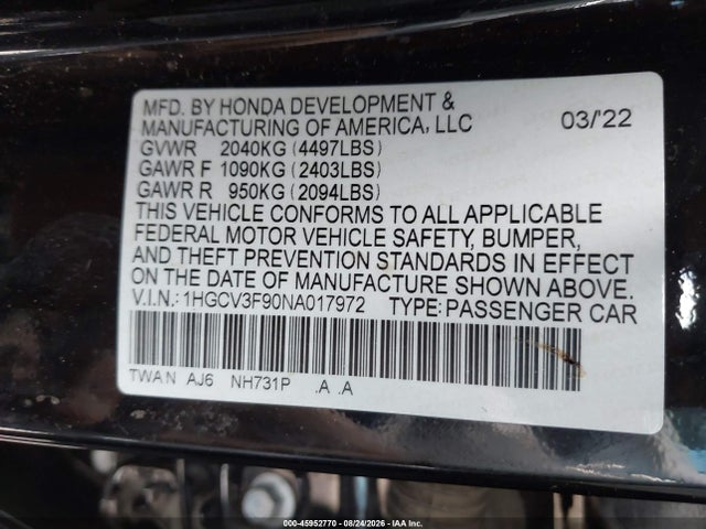 Продаж на аукціоні авто 2022 Honda Accord Hybrid Touring, vin: 1HGCV3F90NA017972, номер лоту: 45952770