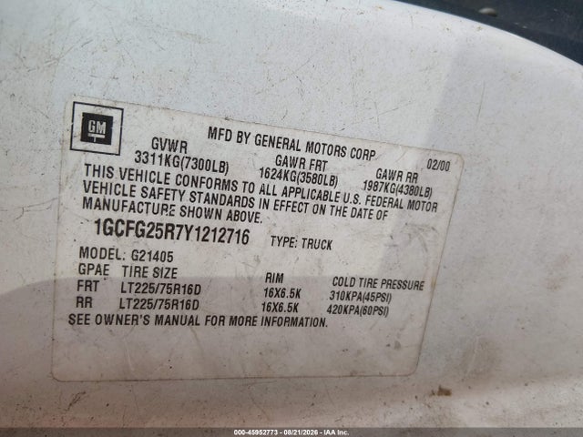 2000 Chevrolet Express მანქანა იყიდება აუქციონზე, vin: 1GCFG25R7Y1212716, აუქციონის ნომერი: 45952773