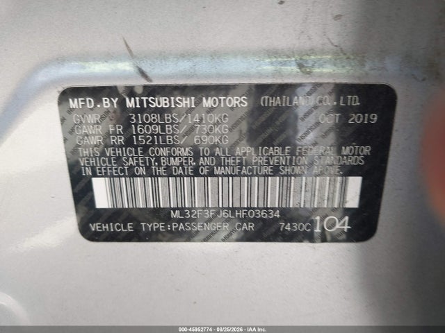 45952774 :رقم المزاد ، ML32F3FJ6LHF03634 vin ، 2020 Mitsubishi Mirage G4 Es مزاد بيع
