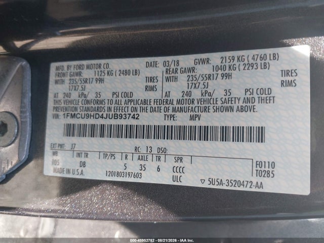 Aukcja sprzedaży 2018 Ford Escape Sel, vin: 1FMCU9HD4JUB93742, numer aukcji: 45952782