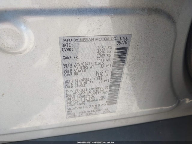 45952787 :رقم المزاد ، 5N1AT2MT9LC798329 vin ، 2020 Nissan Rogue S Fwd مزاد بيع