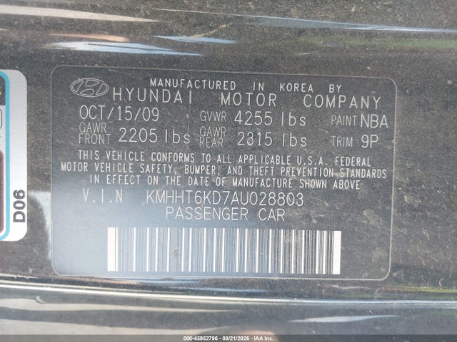 2010 Hyundai Genesis 2.0t მანქანა იყიდება აუქციონზე, vin: KMHHT6KD7AU028803, აუქციონის ნომერი: 45952796