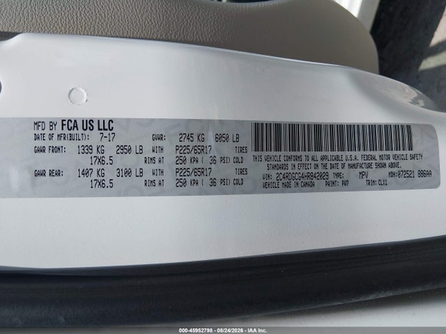 45952798 :رقم المزاد ، 2C4RDGCG4HR842029 vin ، 2017 Dodge Grand Caravan Sxt مزاد بيع