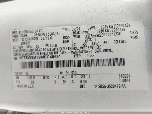 Aukcja sprzedaży 2021 Ford F-350 Lariat, vin: 1FT8W3BT9MEC49691, numer aukcji: 45952819