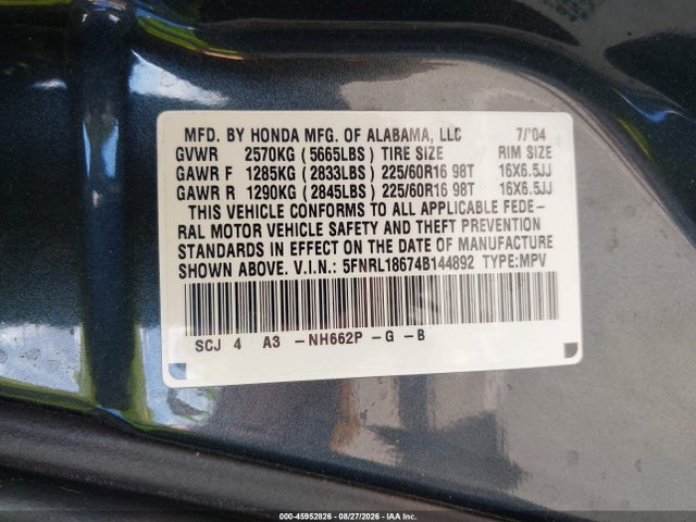 2004 Honda Odyssey Ex მანქანა იყიდება აუქციონზე, vin: 5FNRL18674B144892, აუქციონის ნომერი: 45952826