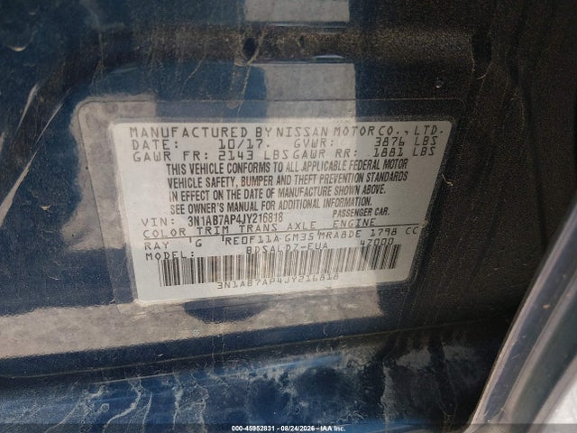 Продаж на аукціоні авто 2018 Nissan Sentra Sv, vin: 3N1AB7AP4JY216818, номер лоту: 45952831