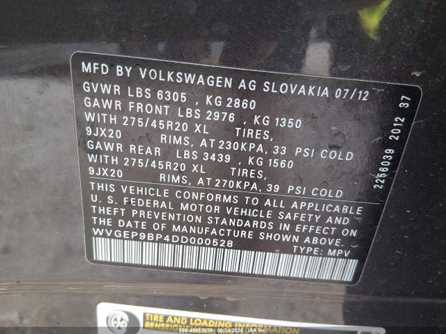 45952839 :رقم المزاد ، WVGEP9BP4DD000528 vin ، 2013 Volkswagen Touareg Tdi Executive مزاد بيع