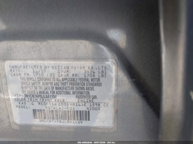 2018 Nissan Versa 1.6 S+ მანქანა იყიდება აუქციონზე, vin: 3N1CN7AP8JL841154, აუქციონის ნომერი: 45952846