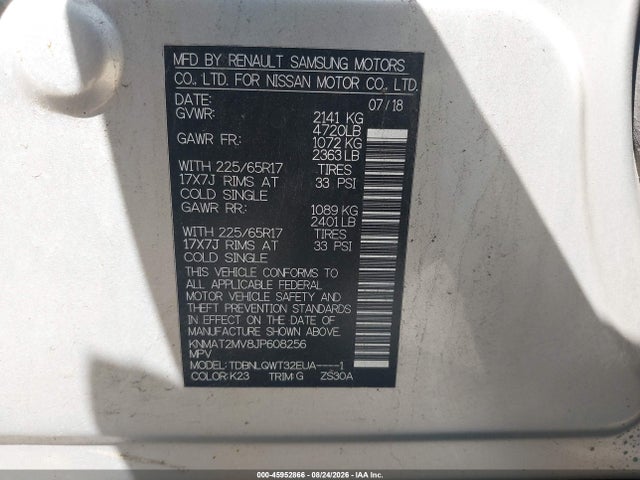 Продаж на аукціоні авто 2018 Nissan Rogue Sv, vin: KNMAT2MV8JP608256, номер лоту: 45952866
