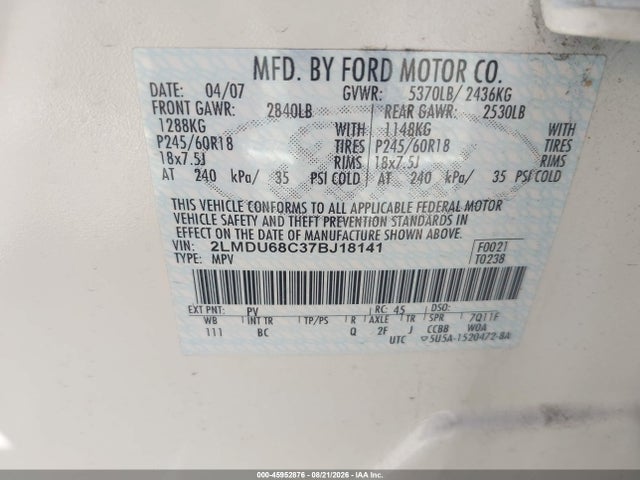 Aukcja sprzedaży 2007 Lincoln Mkx, vin: 2LMDU68C37BJ18141, numer aukcji: 45952876