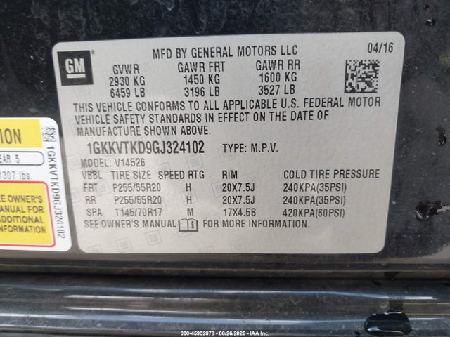Продаж на аукціоні авто 2016 Gmc Acadia Denali, vin: 1GKKVTKD9GJ324102, номер лоту: 45952878