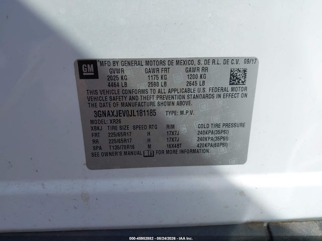 2018 Chevrolet Equinox Lt მანქანა იყიდება აუქციონზე, vin: 3GNAXJEV0JL181185, აუქციონის ნომერი: 45952882